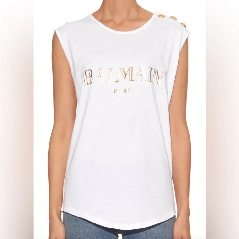 Balmain Gold Logo Tank Top Tee Sleeveless Crew Neck White T Shirt Cotton 36 S